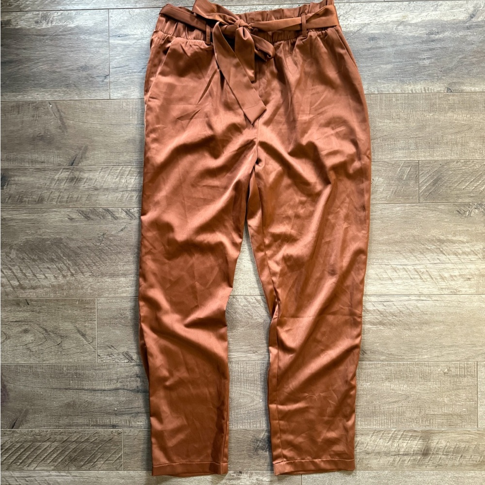 Rust Satin Paperbag Waist Tie Pants Women’s Large Workwear Chic